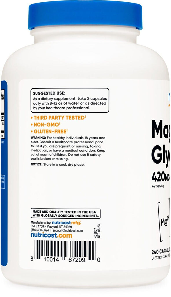 Nutricost Magnesium Glycinate 420mg, 240 Capsules - 120 Servings - LEIXSTAR